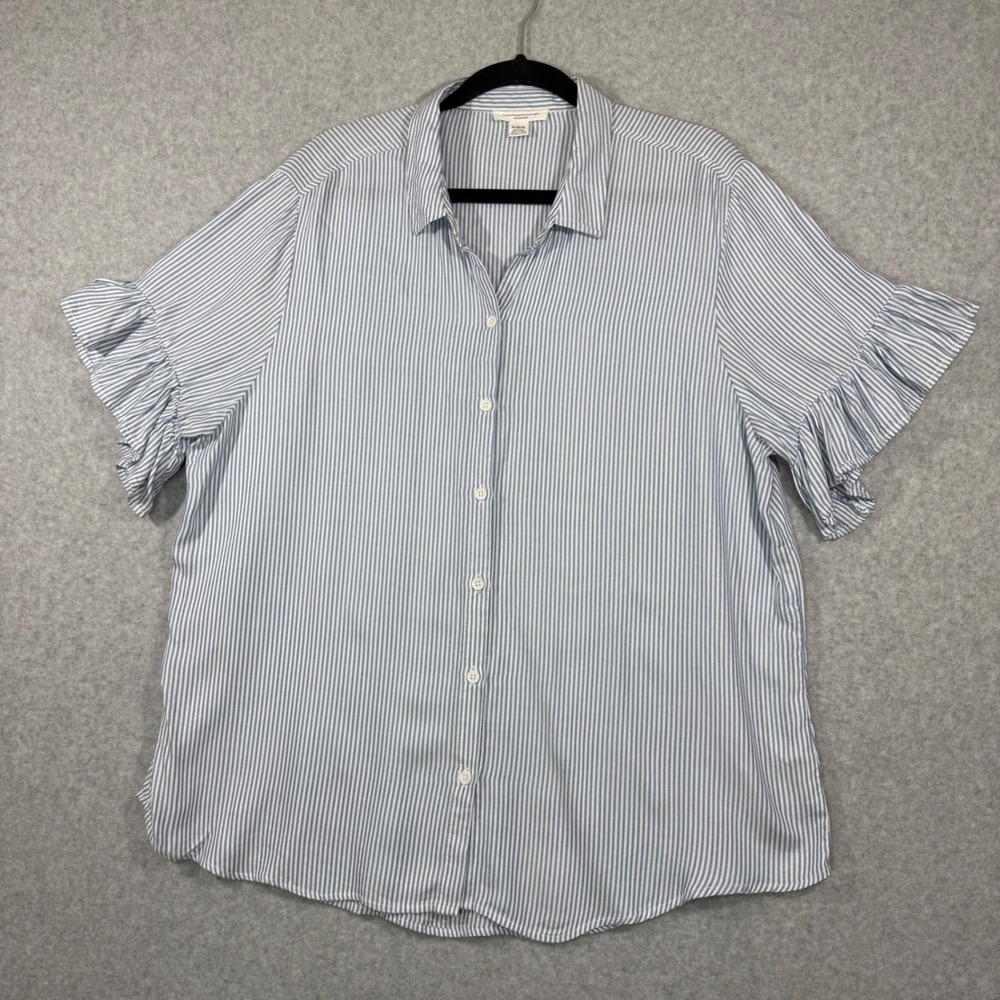 Beachlunchlounge Striped Ruffle Short Sleeve Shirt Womens XL Blue White‎ Stripe